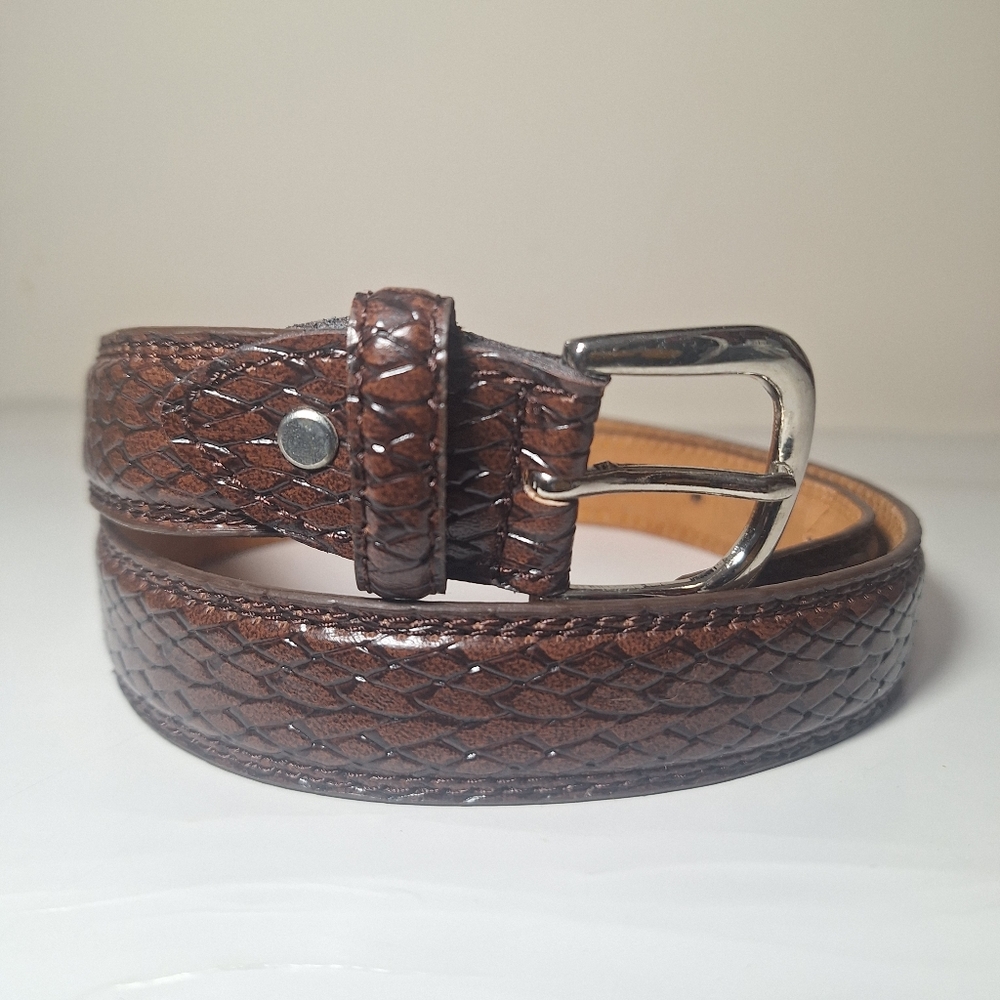 ​Men's Genuine Leather Basketweave Dress Belt Brown Size 34 Office Western